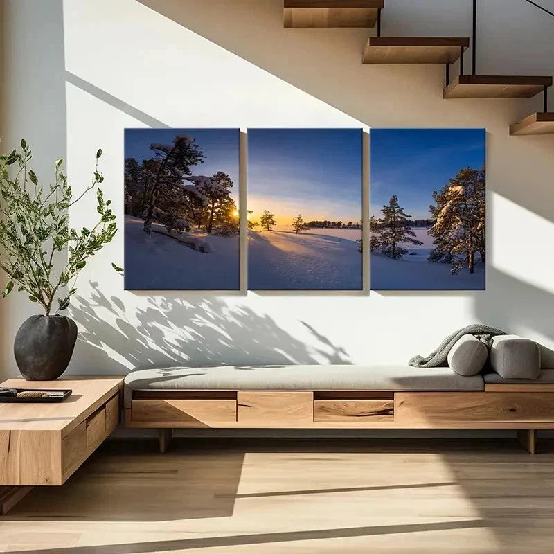 3pcs Snowscape Sunrise and Trees Modern Wall Art Set Canvas Framed 60x90cm - High Quality Print 100% Australian Made Wall Canvas Ready to Hang