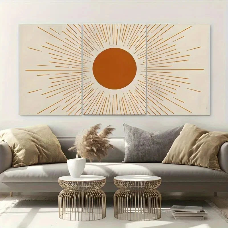 3pcs Sun with Rays Prints Mid Century Metal Print Ready to Hang Art