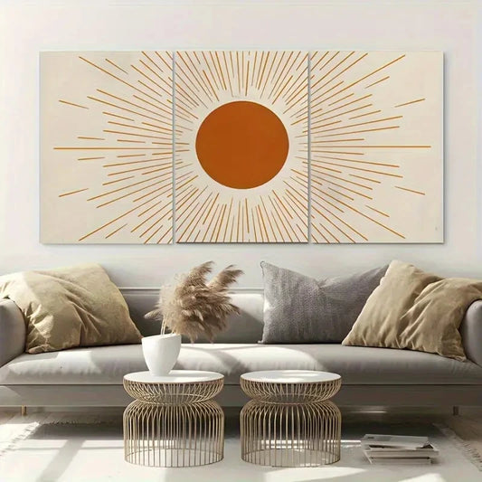 3pcs Sun with Rays Prints Mid Century Metal Print Ready to Hang Art