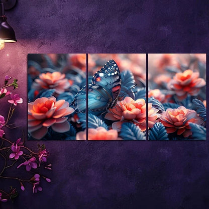 3pcs Vibrant Butterfly Among Blossoms Metal Print Ready to Hang Art