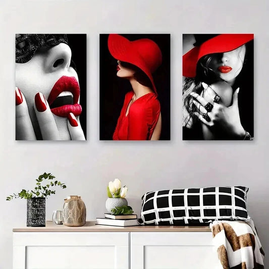 3pcs Chic Red Hat & Lipstick Fashion Perfect Wall Art Set Canvas Framed 60x90cm - High Quality Print 100% Australian Made Wall Canvas Ready to Hang