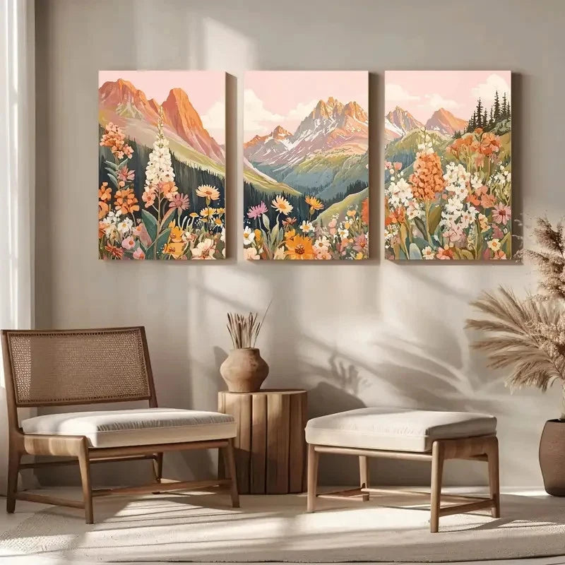 3pcs Abstract Colorful Mountain Meadow Painting Metal Print Ready to Hang Art