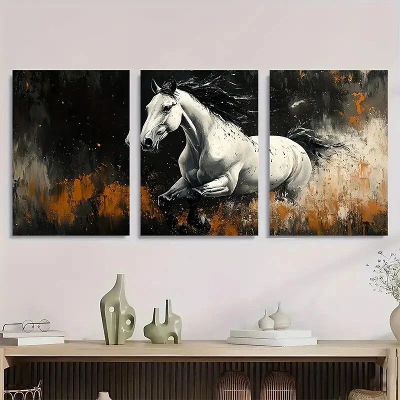3pcs Modern Abstract Black White Horse Metal Print Ready to Hang Art