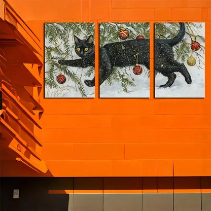3pcs  Black Cat Entangled In Christmas Decorations  Wall Art Set Canvas Framed 50x70cm -  High Quality Print 100% Australian Made Wall Canvas Ready to Hang - Bella Home Decor