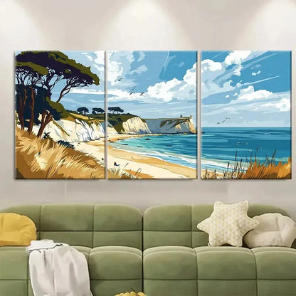 3pcs Studland Bay Coastal Beach Scene with Cliffs Metal Print Ready to Hang Art
