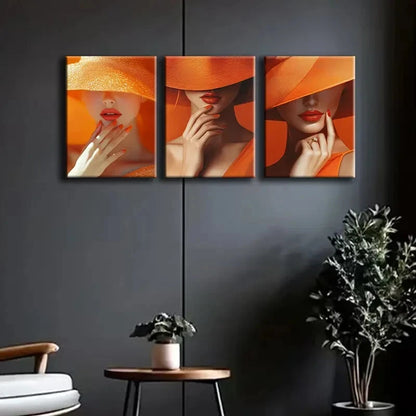 3pcs Elegant Woman In Orange Hat And Dress Metal Print Ready to Hang Art