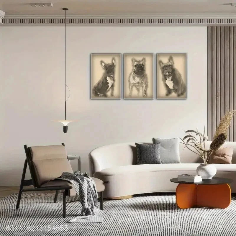 3pcs Vintage Adorable French Bulldog Puppies Metal Print Ready to Hang Art