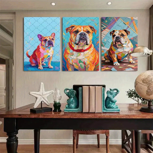 3pcs Vibrant Watercolor Bulldogs Blue Orange Metal Print Ready to Hang Art