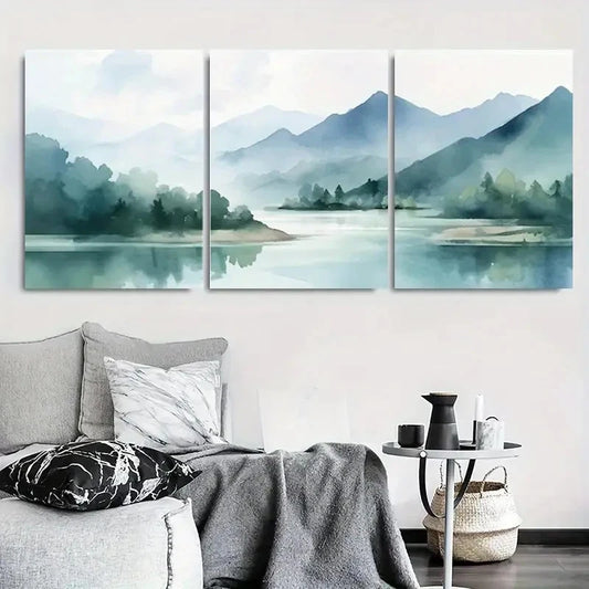3pcs Serene Misty Lake Mountain Reflection Wall Art Set Canvas Framed 40x60cm - High Quality Print 100% Australian Made Wall Canvas Ready to Hang