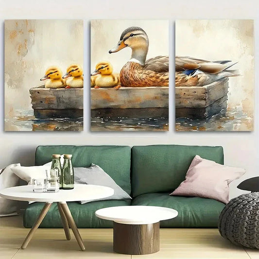 3pcs Mama Duck And Duckling Swimming Metal Print Ready to Hang Art