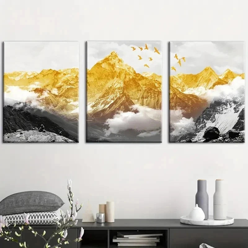 3pcs Sunlit Golden Mountains Majestic Perfect Wall Art Set Canvas Framed 40x60cm - High Quality Print 100% Australian Made Wall Canvas Ready to Hang