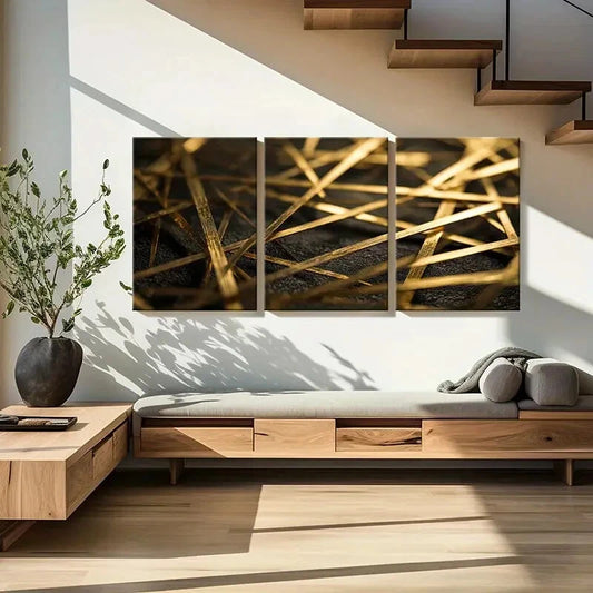3pcs Golden Stripes Abstract Art Luxury Metal Print Ready to Hang Art