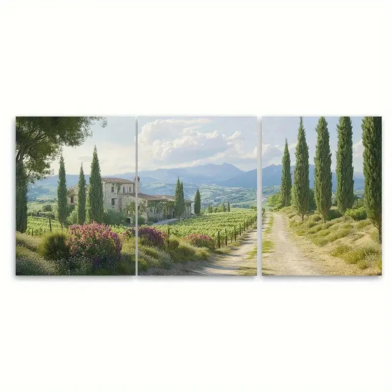 3pcs Farmhouses Spring Scenery with Cypress Roads Metal Print Ready to Hang Art