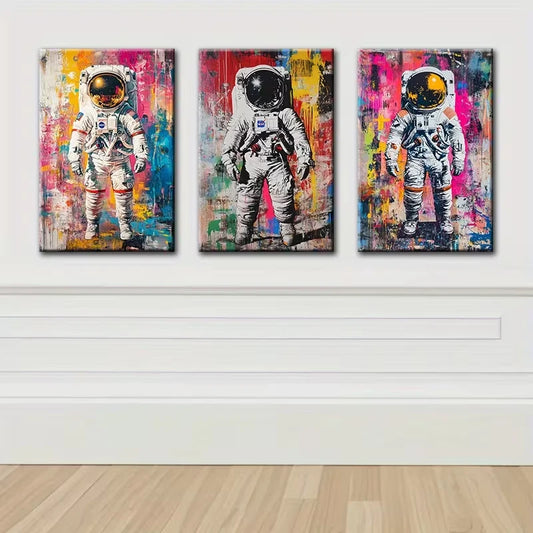 3pcs Graffiti astronaut Illustration Wall Art Set Canvas Framed 50x70cm - High Quality Print 100% Australian Made Wall Canvas Ready to Hang