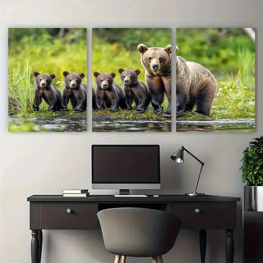 3pcs Mother Bear Cubs Woodland Habitat Metal Print Ready to Hang Art