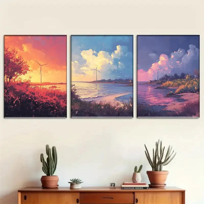 3pcs Wind Turbine Coastal Landscape Art Metal Print Ready to Hang Art