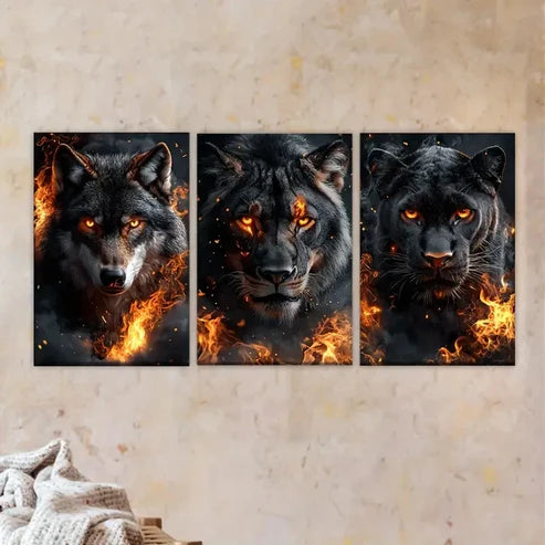 3pcs Three Wolves in Flames Wall Art Set Canvas Unframed - High Quality Print 100% Australian Made Wall Canvas - Bella Home Decor