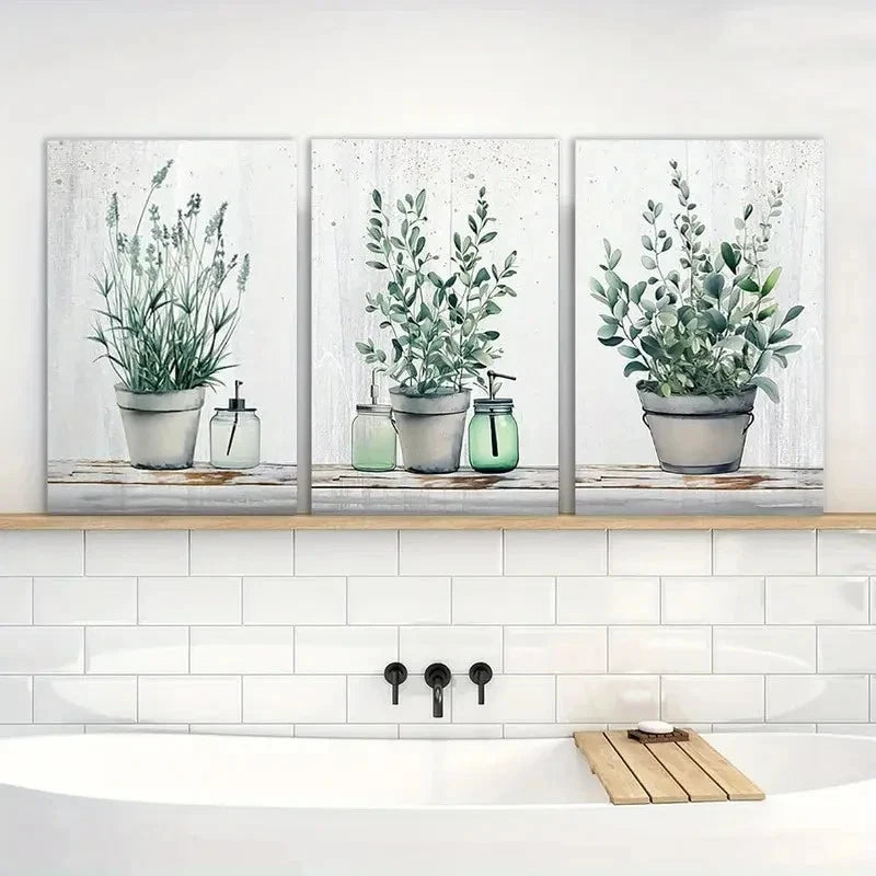 3pcs Plant-Inspired Design with White Pots & Green Metal Print Ready to Hang Art