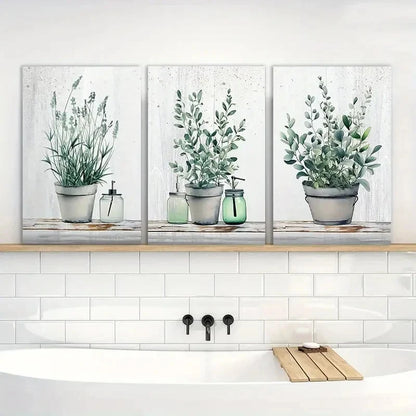 3pcs Plant-Inspired Design with White Pots & Green Metal Print Ready to Hang Art