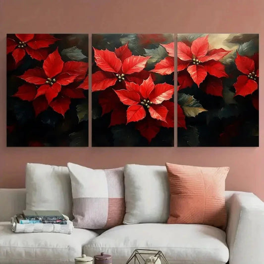 3pcs Poinsettia Flowers Impasto Design Wall Art Set Canvas Framed 60x90cm - High Quality Print 100% Australian Made Wall Canvas Ready to Hang
