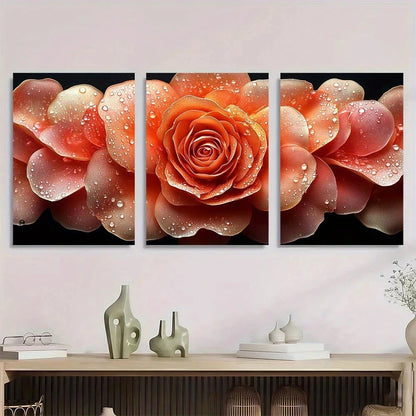 3pcs Modern Rose Water Drops On Floral Metal Print Ready to Hang Art