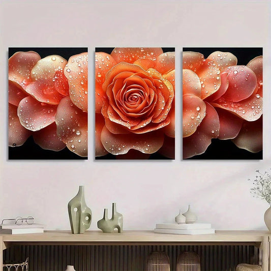 3pcs Modern Rose Water Drops On Floral Metal Print Ready to Hang Art