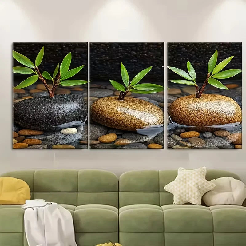 3pcs Bamboo Branches Stones Spa Atmosphere Metal Print Ready to Hang Art