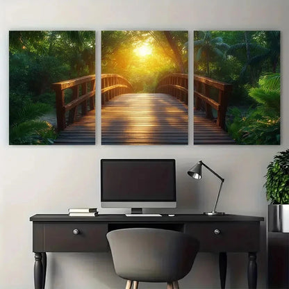 3pcs Sunlit Wooden Bridge in Tropical Jungle Metal Print Ready to Hang Art