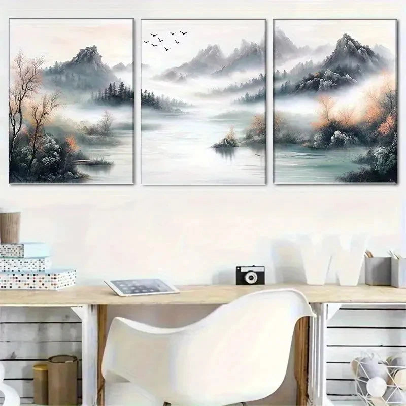 3pcs Chinese Style Landscape with Fog and Birds Metal Print Ready to Hang Art