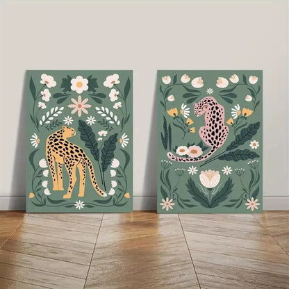 2pcs Decorative Painting, Cheetah, Feline, Floral Botanical Canvas Framed 50x75cm - High Quality Print 100% Australian Made Wall Canvas Ready to Hang