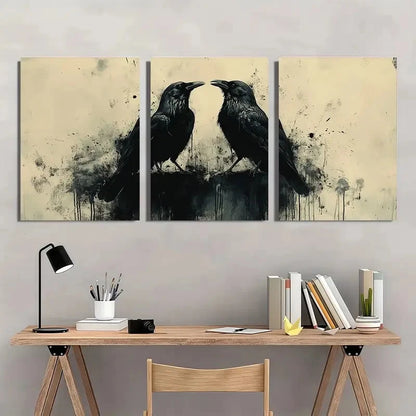 3pcs Black Crows Beige and Black Themed Wall Art Set Canvas Framed 60x90cm - High Quality Print 100% Australian Made Wall Canvas Ready to Hang