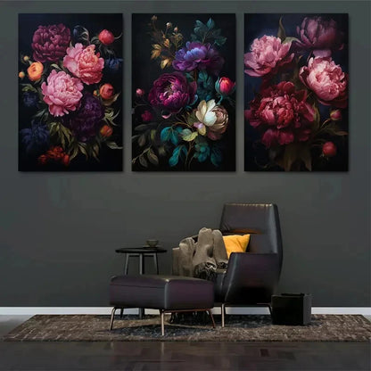 3pcs Dark Floral Peony   Wall Art Set Canvas Framed 40x60cm - High Quality Print 100% Australian Made Wall Canvas Ready to Hang