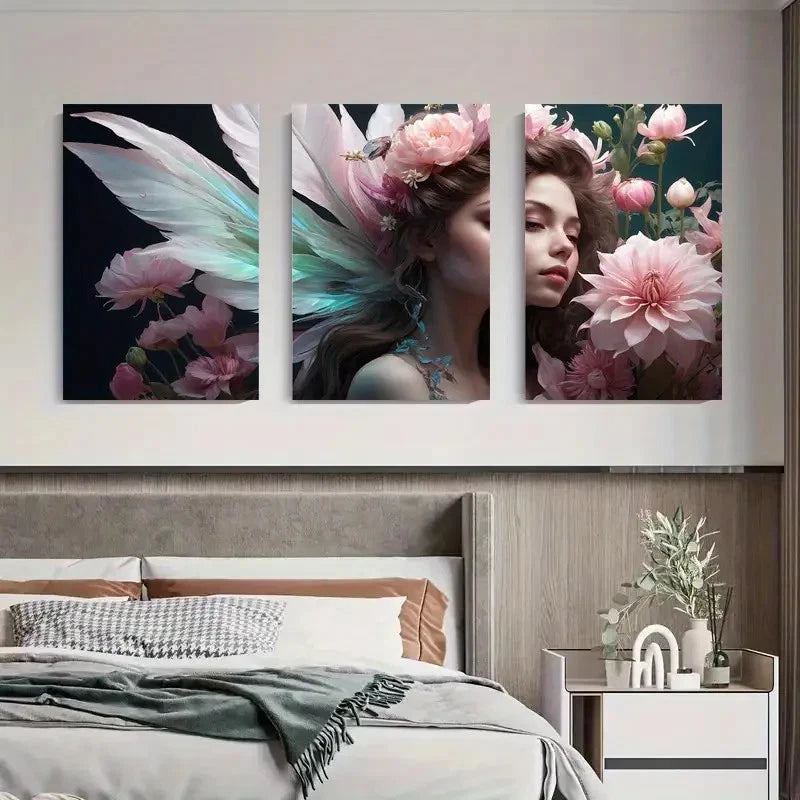 3pcs Enchanting Fairy Angel Pink Roses & Teal Metal Print Ready to Hang Art