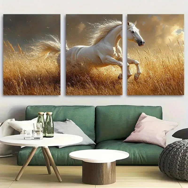 3pcs Dynamic Running White Horse Rustic Design Metal Print Ready to Hang Art