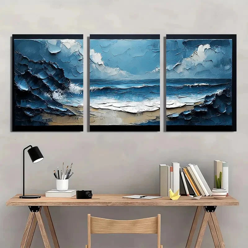 3pcs Abstract Ocean Waves Blue & Gray Textured Metal Print Ready to Hang Art