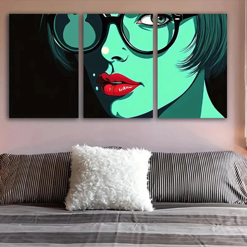 3pcs Vibrant Green Woman With Glasses Portrait Wall Art Set Canvas Framed 50x70cm - High Quality Print 100% Australian Made Wall Canvas Ready to Hang