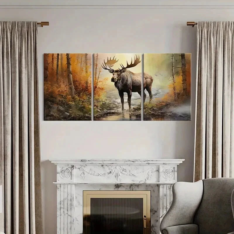 3pcs Majestic Moose Forest Scene Autumn Colors Metal Print Ready to Hang Art