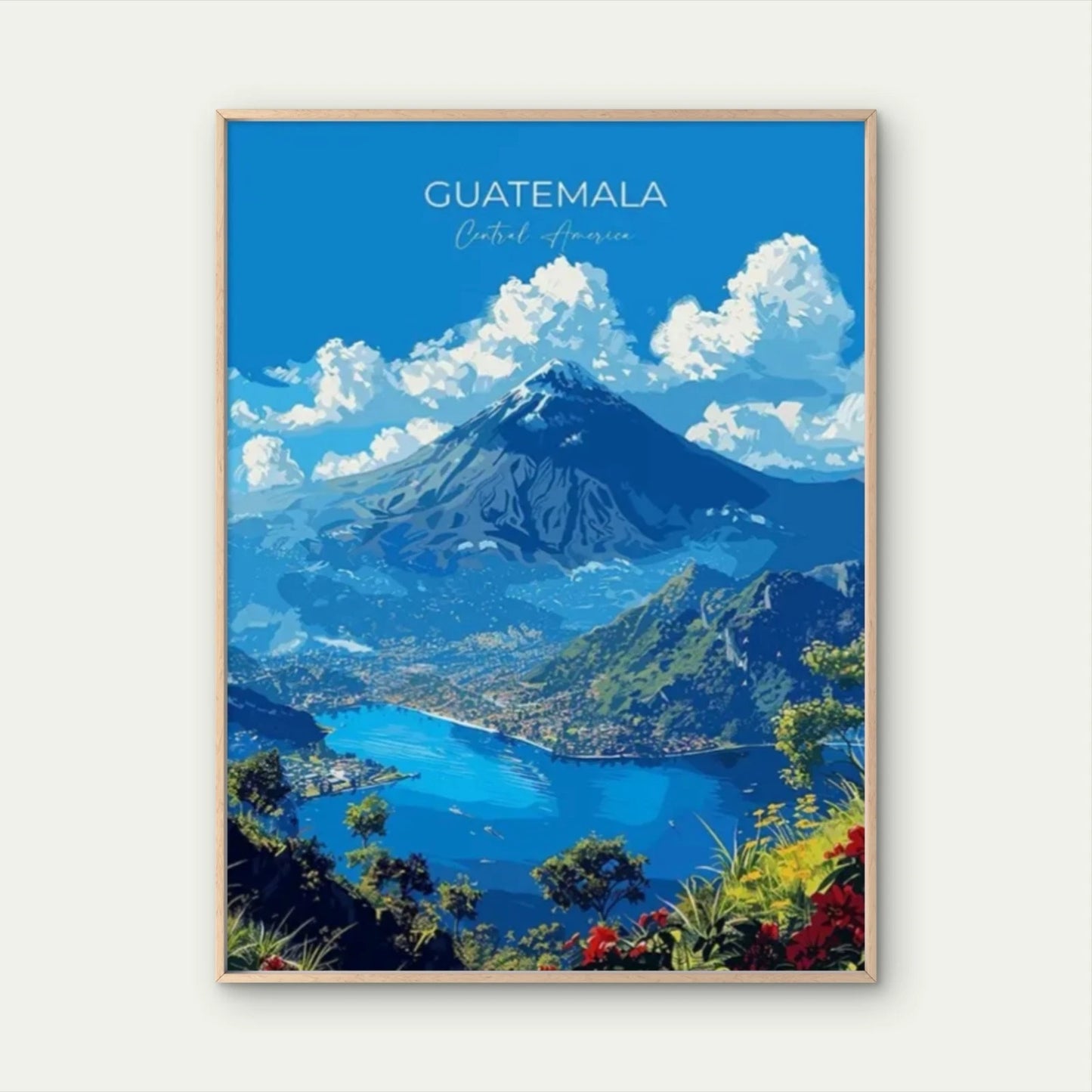 Guatemala Landscape Acatenango Volcano & Lake Travel Poster Print Wall Art