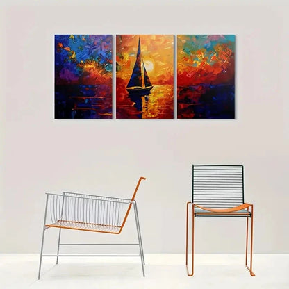 3pcs Abstract Sunset Sailboat Triptych Metal Print Ready to Hang Art