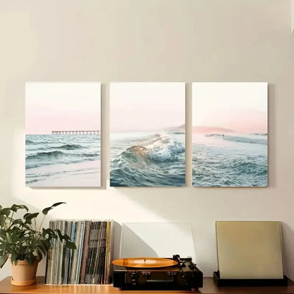 3pcs Serene Beach & Pier Scenes with Waves Metal Print Ready to Hang Art
