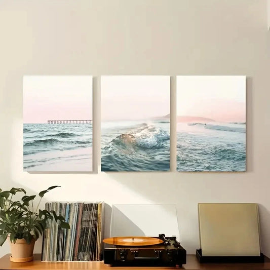 3pcs Serene Beach & Pier Scenes with Waves Metal Print Ready to Hang Art