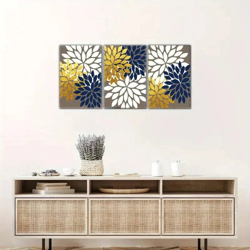 3pcs Navy Blue Faux Golden Art Minimalist Style Metal Print Ready to Hang Art