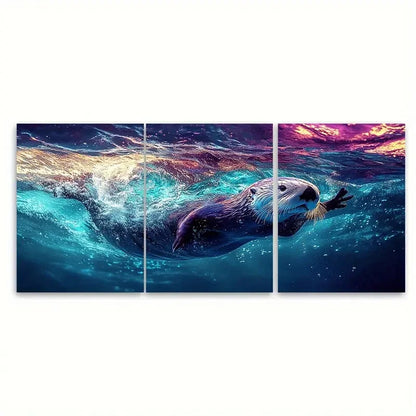 3pcs Cute Sea Otter Swimming in Blue Water Wall Art Set Canvas Framed 40x60cm - High Quality Print 100% Australian Made Wall Canvas Ready to Hang
