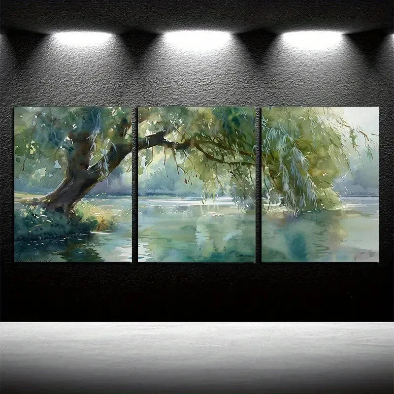 3pcs Vibrant Nature Inspired Willow tree with Lake Metal Print Ready to Hang Art