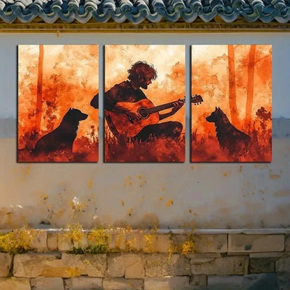 3pcs Vibrant Guitar Player & Dog Rustic Design Metal Print Ready to Hang Artc