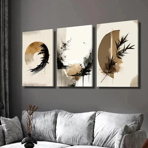 3pcs Natural Beige Wash Leaf & Zen Landscape Wall Art Set Canvas Unframed - High Quality Print 100% Australian Made Wall Canvas