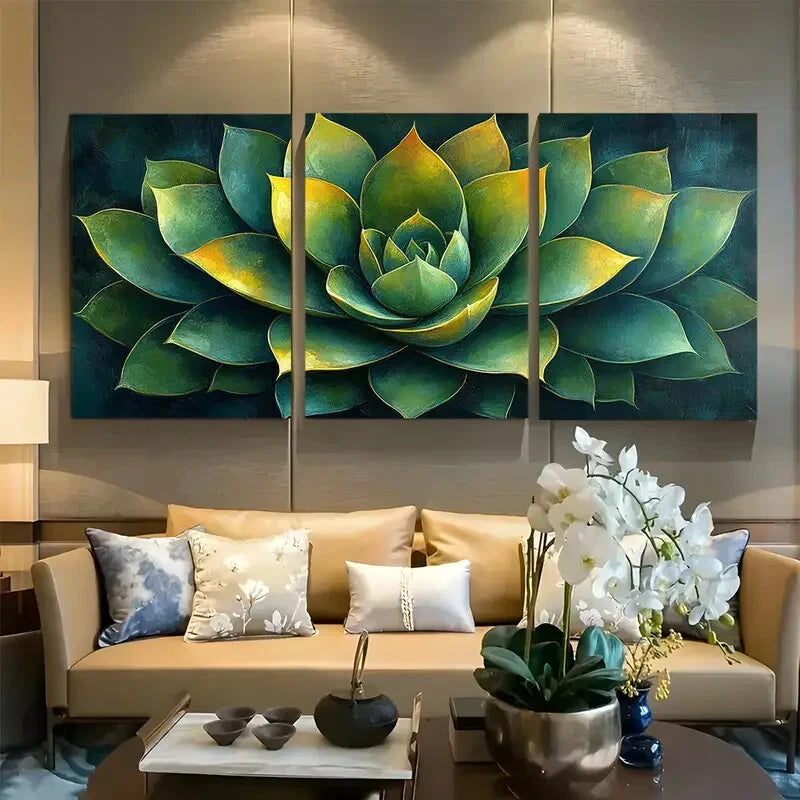 3pcs Green and Yellow Colors Agave Plant Close Up Metal Print Ready to Hang Art