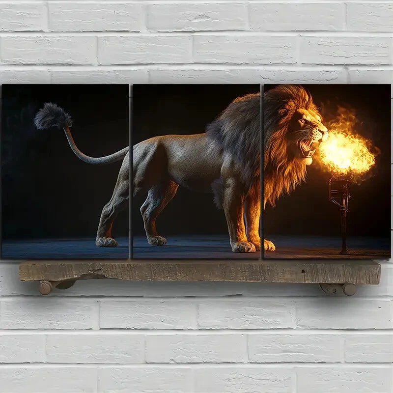 3pcs Running Lion Fire Big Tail Metal Print Ready to Hang Art