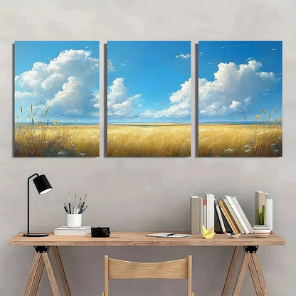 3pcs White Cloudy Blue Sky & Golden Wheat Metal Print Ready to Hang Art