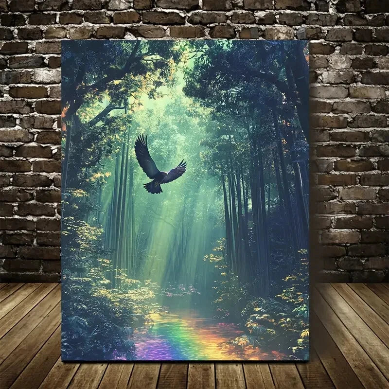 Serene Hawk in Bamboo Grove with Rainbow 40x60cm Metal Print Ready to Hang